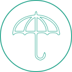 Icon of an umbrella, symbolizing protection or coverage, rendered in a minimalist green design.