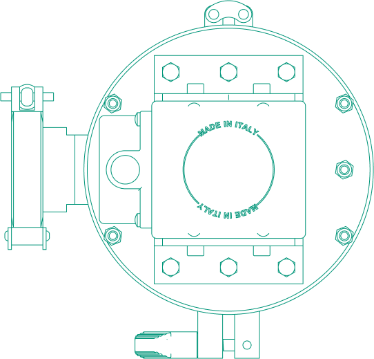 Cyan technical drawing of a round mechanical component, with various bolts and parts, labeled 'Made in Italy'.
