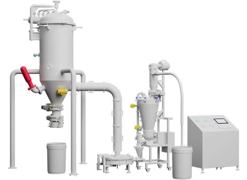 Detailed view of an industrial micronization setup, showing interconnected cylindrical containers, pipes, and a control panel for precise material processing.