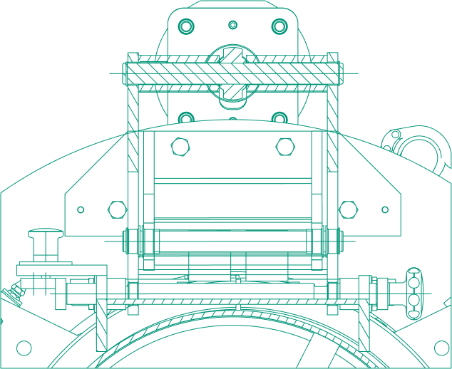 Technical drawing in cyan, showcasing a detailed engineering design of a mechanical device.