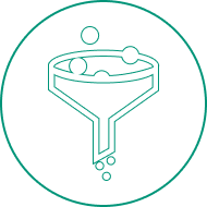Icon of a funnel with bubbles, symbolizing filtration or sorting processes, rendered in a minimalist green design.
