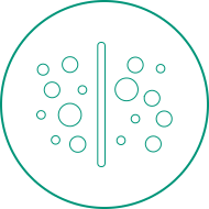 Icon representing particle separation or filtration with a vertical line dividing two sets of particles in a green outline.