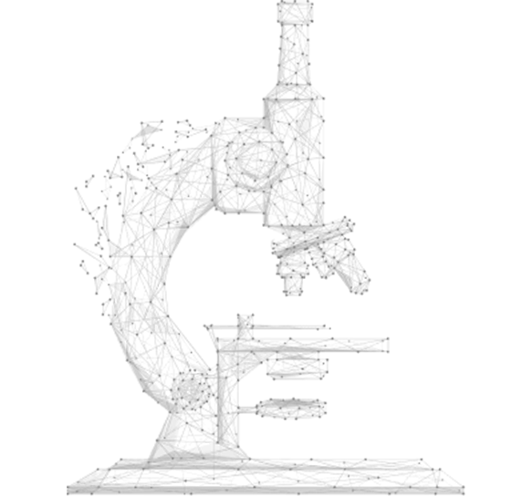 Abstract illustration of a microscope in gray tones, showing a fragmented and geometric design.
