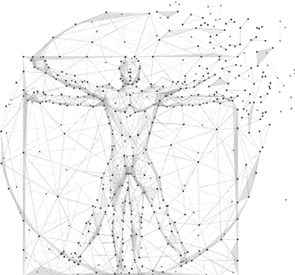Abstract depiction of Leonardo da Vinci's Vitruvian Man, rendered in gray tones with a fragmented, geometric style.