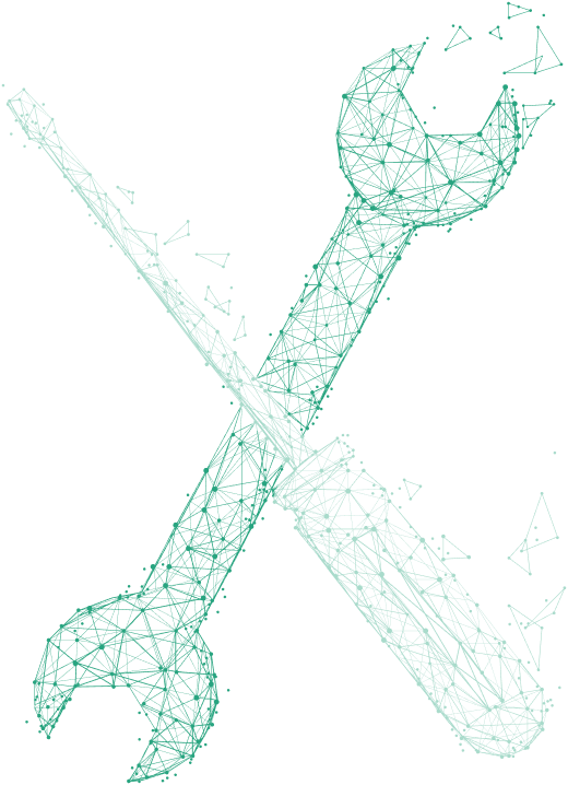 Geometric green illustration of a crossed wrench and screwdriver, symbolizing tools and mechanical work.