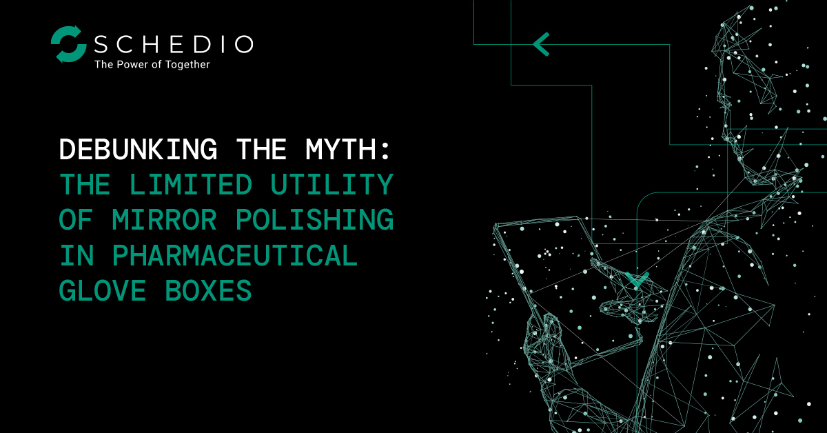 Schedio graphic titled 'Debunking the Myth: The Limited Utility of Mirror Polishing in Pharmaceutical Glove Boxes,' featuring a stylized line art of a figure interacting with equipment.