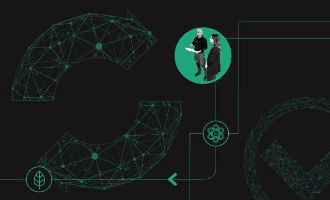 Schedio graphic featuring stylized arrows and abstract elements, with icons representing core values and a small inset image of two people collaborating.