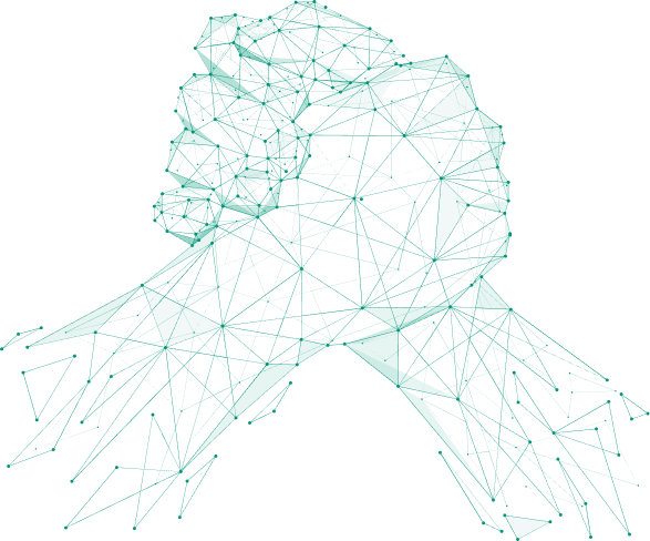 Geometric illustration of two hands grasping each other, symbolizing unity and cooperation, rendered in green lines.