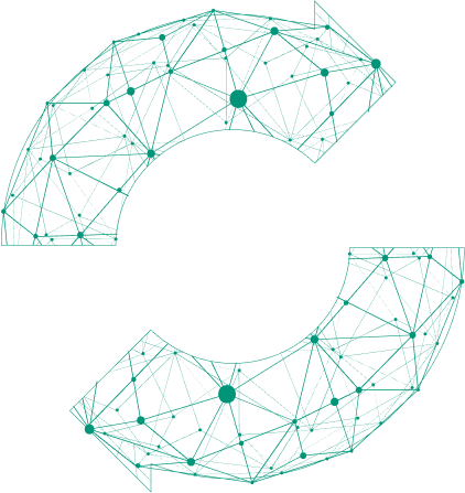Abstract green geometric design of two circular arrows forming a loop, Schedio logo.