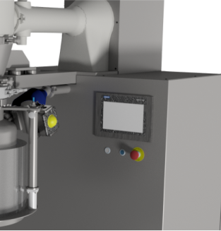 Section of industrial machinery with control panel and emergency stop button, showcasing a metallic structure and connected components.