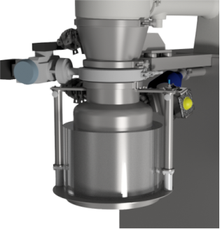 Detailed illustration of a sophisticated mechanical device, featuring a metallic gray pressure vessel mounted under a complex array of connections and machinery, emphasizing industrial and engineering design.