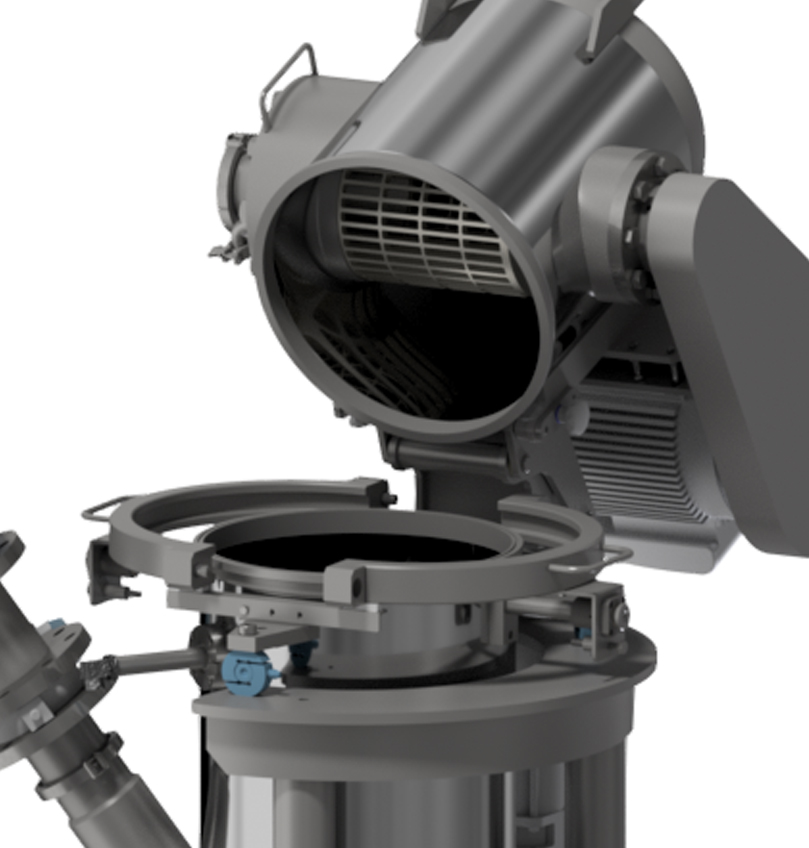 Close-up view of an industrial machine with an open lid, showcasing internal components designed for material processing.