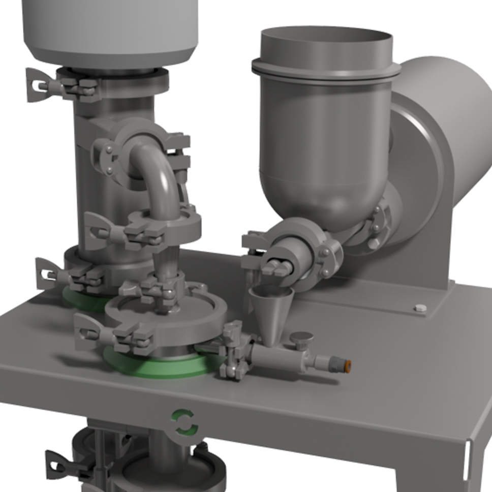 Detailed view of an industrial setup with interconnected pipes and containers, used for precise material processing.