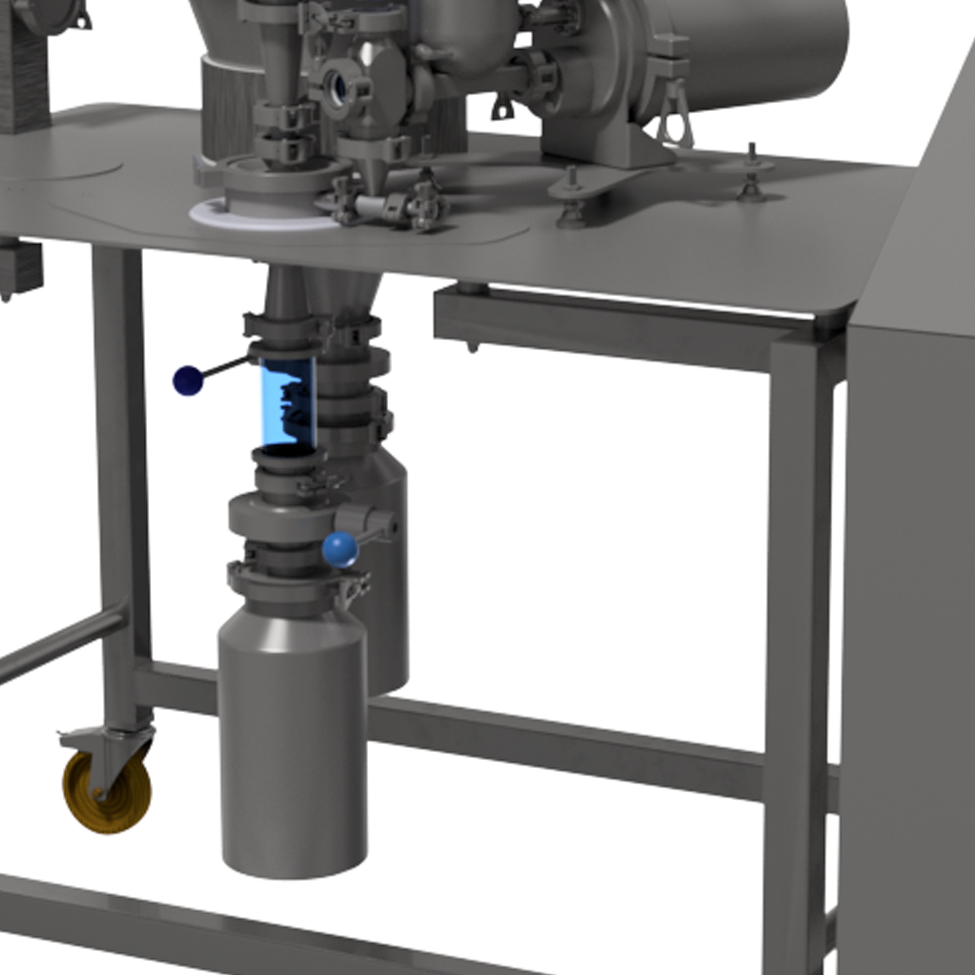 Side view of an industrial setup, highlighting various components and containers used for efficient material processing.