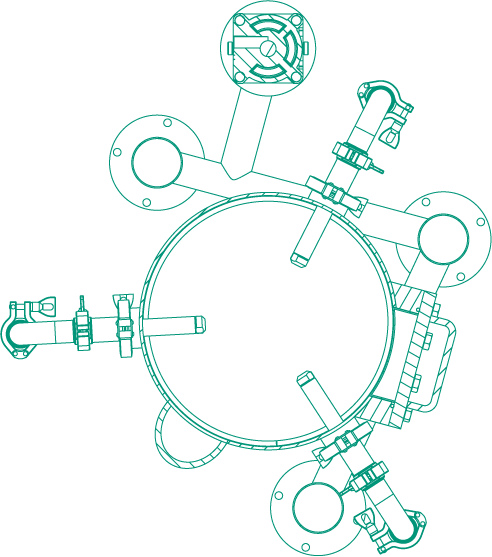 Complex wireframe diagram of mechanical components, including gears and levers, rendered in teal lines on a dark background.