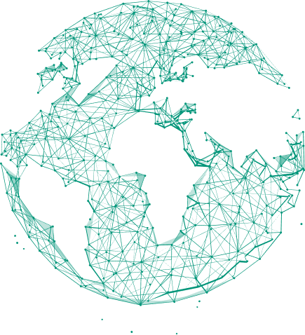 Stylized wireframe map of the world, depicted in bright teal lines, showcasing continents interconnected by a mesh of geometric shapes.